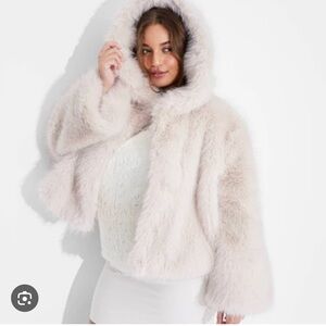 White faux fur jacket with hood